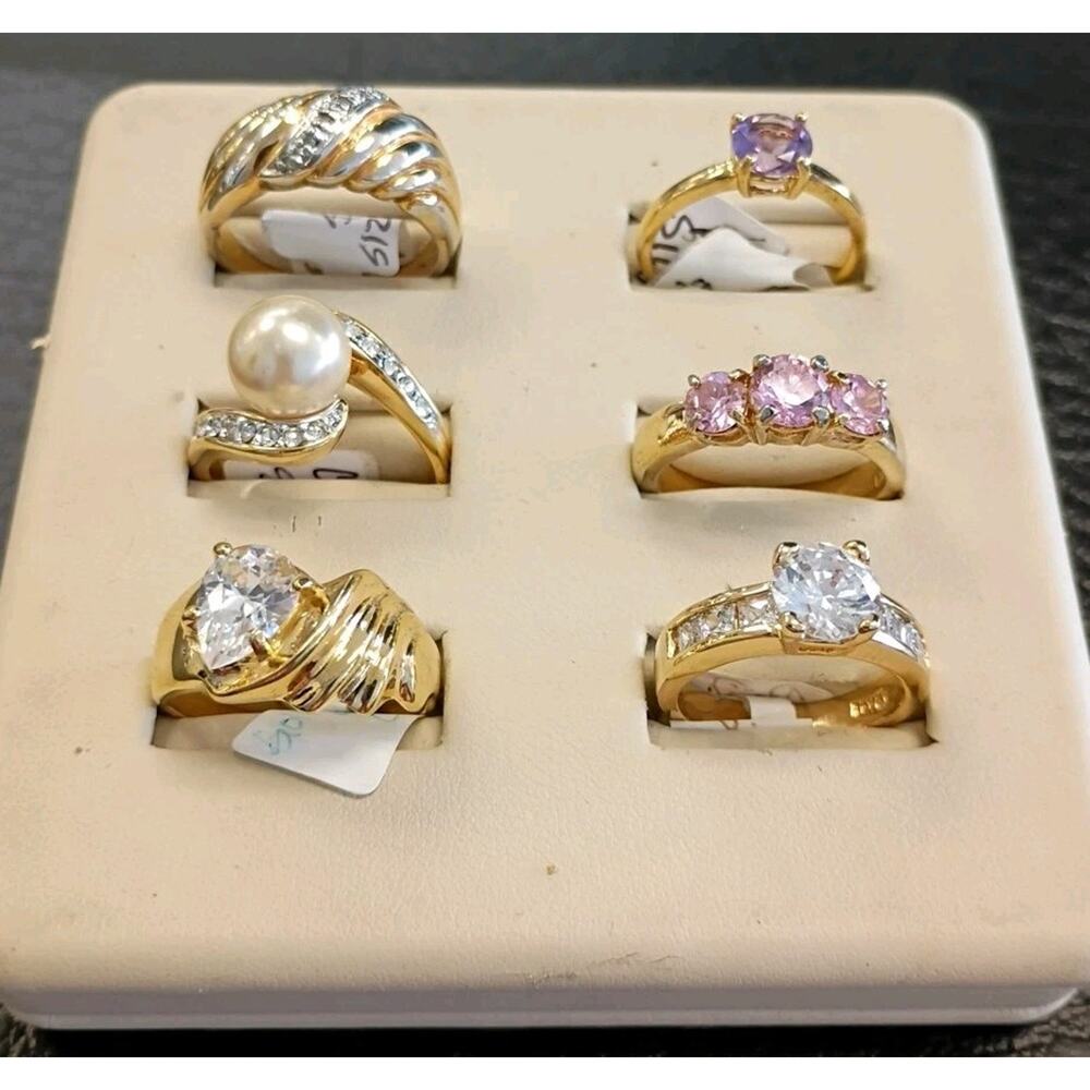 Sterling Silver 925 6 Ring Lot, Gold Plate, CZ, Pearl